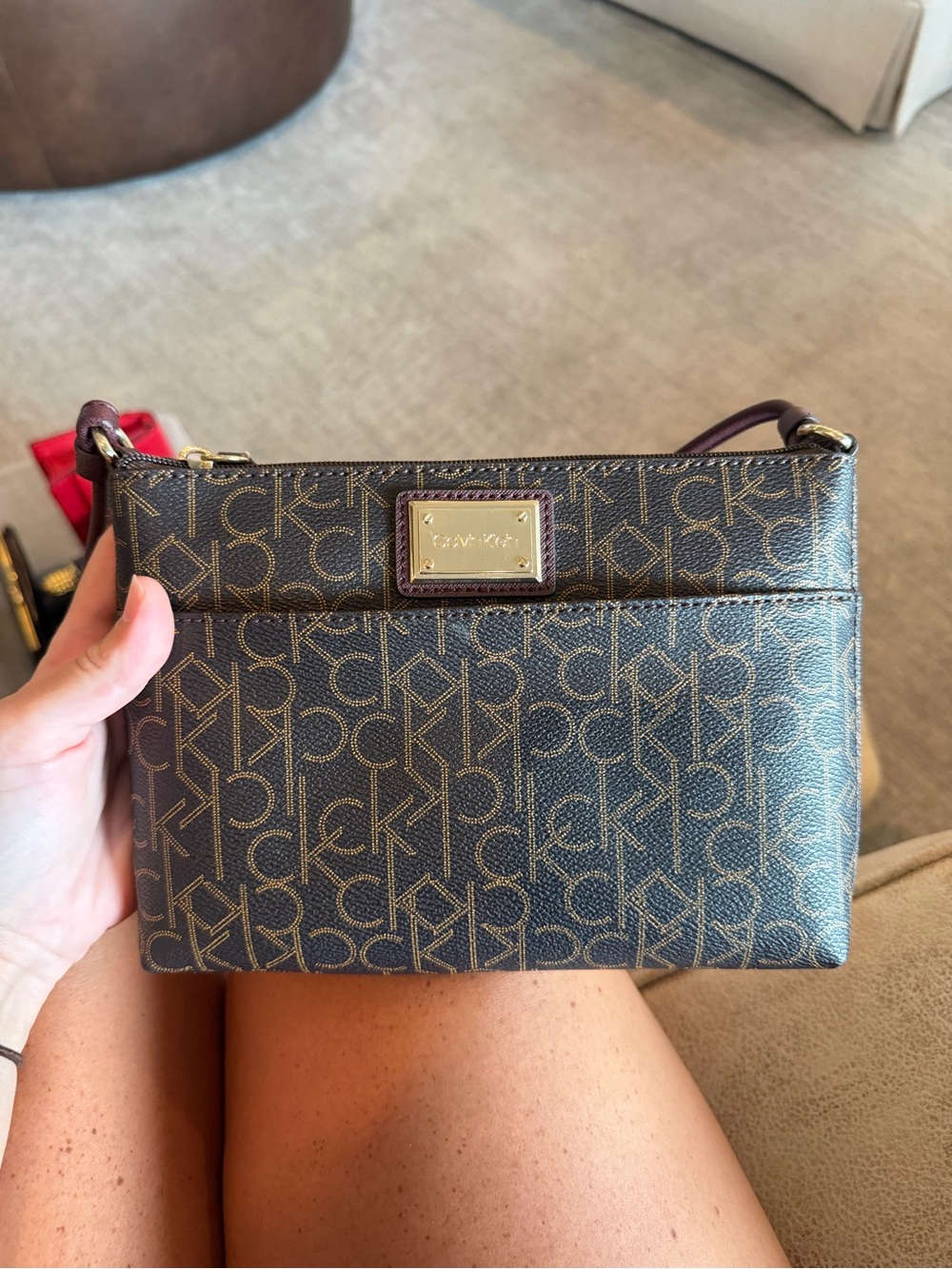 Calvin Klein Dark Brown Monogram Crossbody with Burgundy Trim